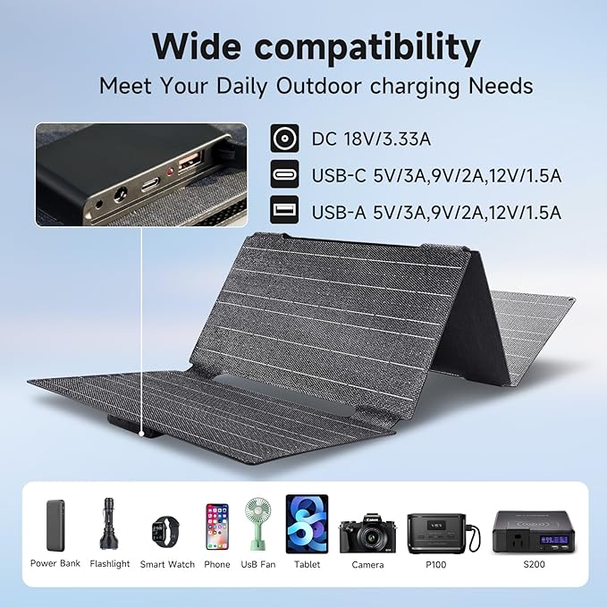 ALLPOWERS SE60 60 W Solar Panel Foldable with 3 Ports (USB-C+USB-A+DC), IP68 Waterproof Portable Solar Charger, Mobile Phone Solar Panel Outdoor for Smartphone Mobile Camping Hiking Outdoor