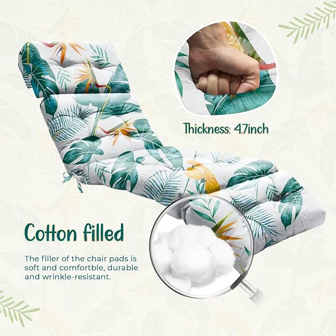 2 Pack Outdoor Chaise Lounge Chair Cushion 75.1 x 22.8 x 4.7 Inches 100% Waterproof Replacement Cotton Patio Pool Lounge Chair Cushion for Outdoor Furniture with Ties,Yellow-Green Leaf