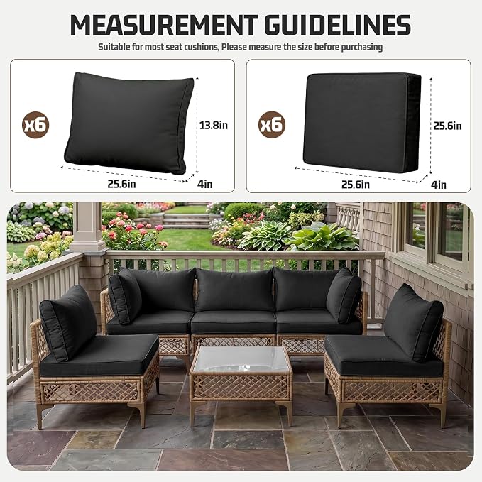 12pcs Outdoor Patio Cushion Covers Replacement, 25.6" Zippered Outdoor Cushion Covers Waterproof, UV Resistant & Washable Patio Furniture Cushion Covers Waterproof for Patio Sectional, Black