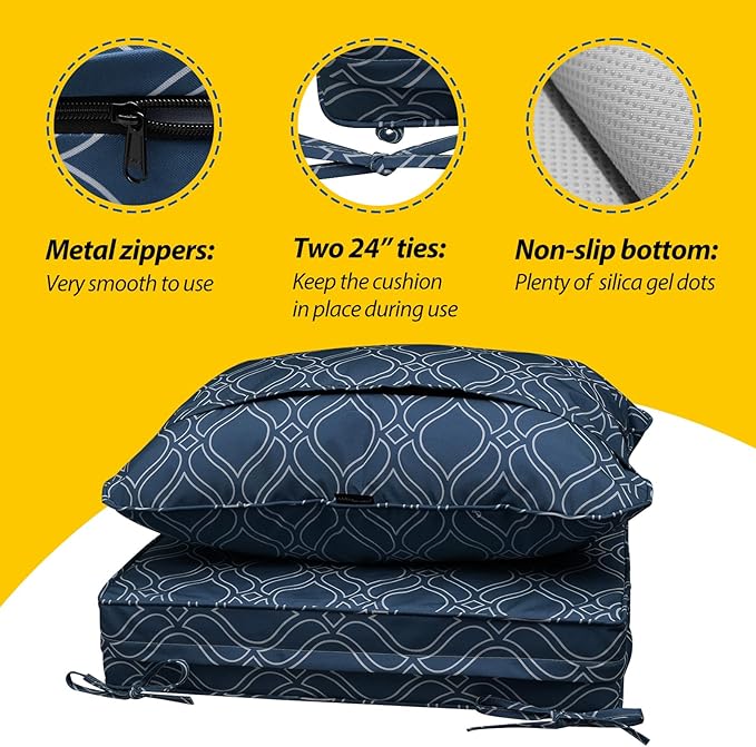 AAAAAcessories Outdoor Seat Cushions for Chairs, Fade-Resistant, Waterproof Patio Furniture Replacement Cushions, 23.5" x 25.5" x 5" + 23.5" x 19", Slate Blue Vine Trellis