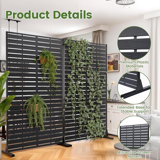 Outdoor Privacy Screen 60" H HDPE Decorative Panel Freestanding Privacy Fence with Stand, Privacy Screens with Louvered 5 Panels, Weather-Resistant Panel Fence for Patio, Balcony, Pool, Black