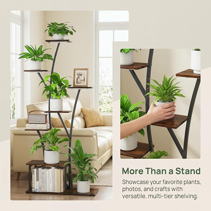 Quikraen 7 Tier Tall Plant Stand with Grow Light For Indoor Plants Growing 60in Indoor Flower Stand Tree-Shaped Plant Shelves for Living Room Patio Black