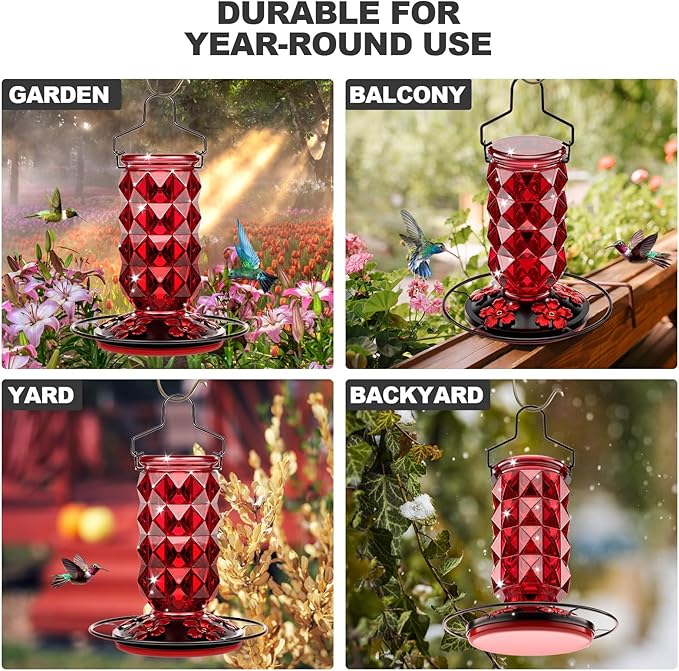 Glass Hummingbird Feeders for Outdoors Hanging, 25Oz Bird Nectar Feeder with Perch & 5 Flower Feeding Ports Leak Proof Hanging for Garden Backyard Decor, Gifts for Women Mom, Red