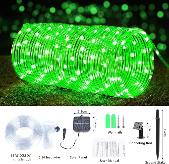 Solar Rope Lights, 2 Packs Total 66ft 200LEDSolar String Lights, 8 Modes Waterproof Solar Powered Outdoor Light, Flexible Clear Tube Light for Garden Backyard Patio Deck Porch Tree Xmas Decor - Green