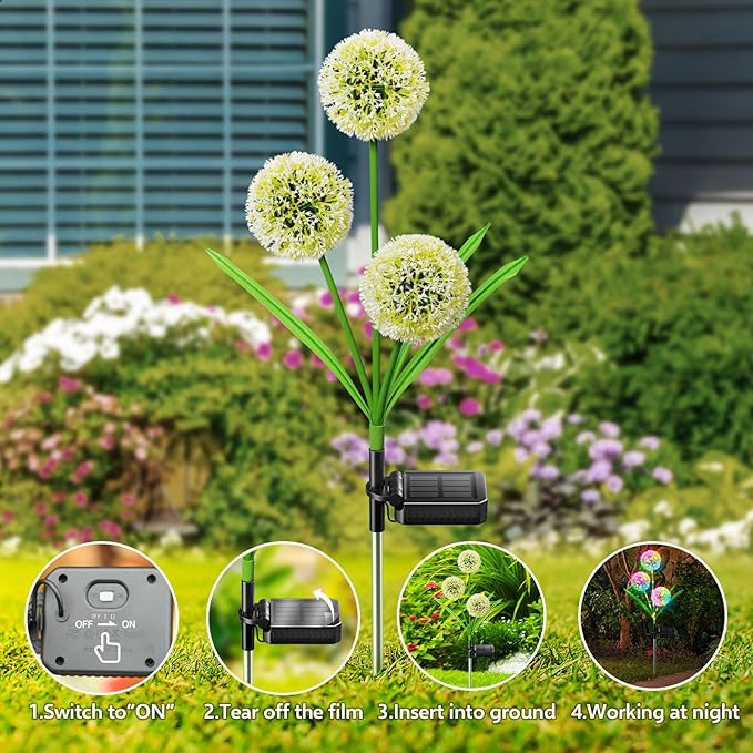 WdtPro Solar Lights Outdoor Garden Decor, 4 Pack 12 Heads Solar Flower Lights, 2 Modes 144 LEDs Dandelion Light & Glowing Stems, Brighter Waterproof Decorative Garden Lights for Yard, Patio, Gifts