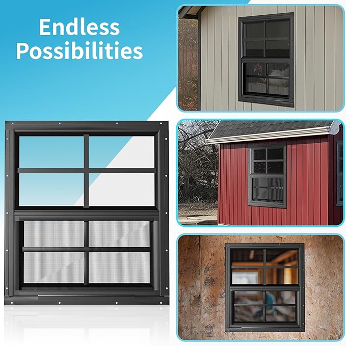 WRISIN 2 Pack Shed Windows 30" W x 36" H Flush Mount, Black Household Windows for Playhouses, Barns, Chicken Coop
