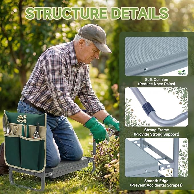 2-in-1 Garden Kneeler and WorkSeats Heavy Duty, Foldable Garden Bench with Wider & Thicker EVA Pad, Portable Gardening Stool with Exclusive Tool Handbag & Color Box, Garden Gifts for Senior