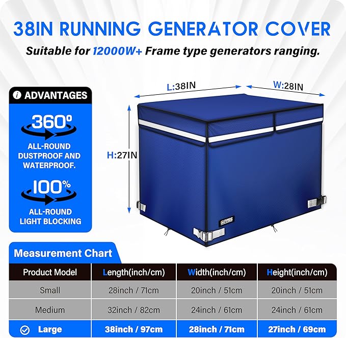 2025 Upgrade 900D+210D Heavy Duty Thicken Fabric. GUYISS Generator Covers While Running. 360° All-round Double-layer Protection. 38’’L×28’’W×27’’H. The Top can be Opened for Adding fuel. Blue.