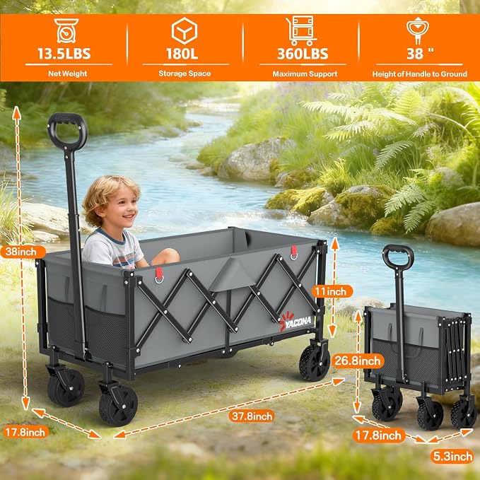 35" L Extra Long Wagons Carts Foldable, 360LBS Heavy Duty Collapsible Wagon with Wheels, Folding Wagon Portable Utility Cart for Groceries, Shopping, Camping, Sports (Gray, 180L)