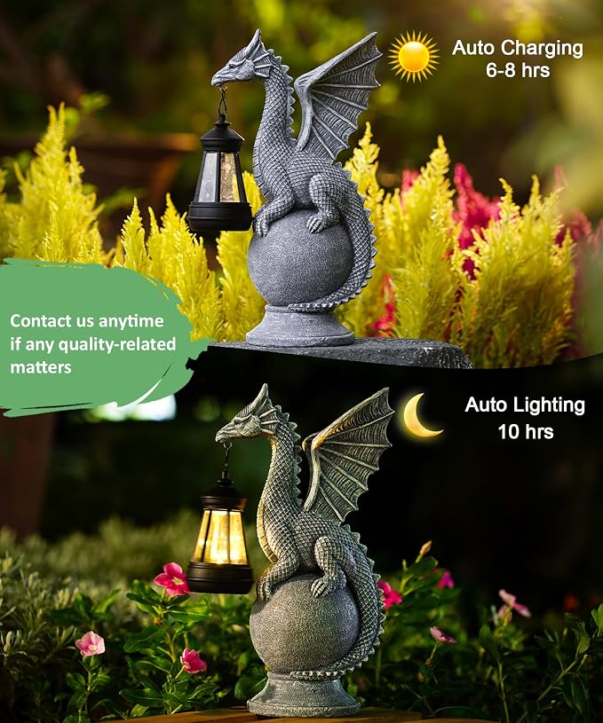 Solar Garden Dragon Statue: Outdoor Figurine with Lantern Lights | Weatherproof Resin Decorations, Home Yard Lawn Porch Balcony Patio Decor,Birthday Gifts for Mom Women Grandma