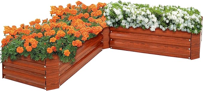 Sunnydaze Galvanized Raised Garden Bed Kit - 5x5x1 ft Outdoor Raised Garden Bed - Metal Planter Box for Vegetables, Flowers, Herbs - Woodgrain - L-Shaped
