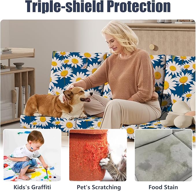 4Pcs Patio Stretch Cushion Covers, Outdoor Couch & Sofa Replacement Slipcovers for Patio Furniture Cushion Covers, Washable Reusable Furniture Protector, Square Large, Daisy Flower