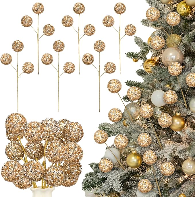 Norme 6 Pcs 15.8" Christmas Glitter Ball Tree Picks Christmas Ball Decorations Artificial Berry Stems Branches for Filler Vase Home Xmas Tree Party Holiday Decor(Champagne)