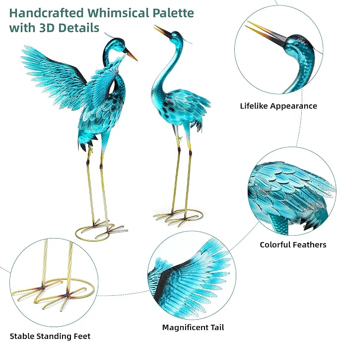 36.8" Metal Crane Garden Statue, Oversized Heron Yard Decor | Handcrafted with 3DTexture, Hand-Painted, U-ground Stakes for Stability, Weather Resistant Iron, Backyard Lawn Pond Patio
