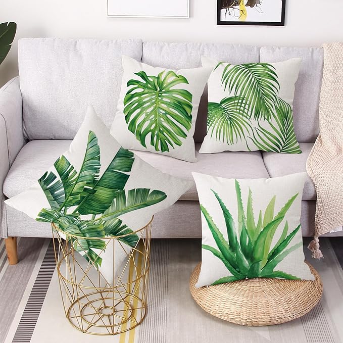 Outdoor Throw Pillow Covers 18x18 Set of 4 Waterproof Summer Tropical Leaves Pillow Covers Palm Monstera Leaf Decorative Cushion Case for Patio Furniture Garden Couch