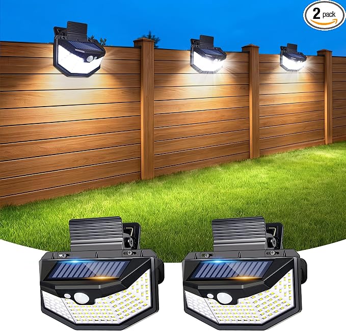 Clip on Solar Lights Outdoor with Motion Sensor, 800LM & 270° Wide Angle Solar Fence Lights Outdoor Waterproof with 115 LEDs, 3 Modes & Portable Security Lights for Chain Link Patio Deck Yard (2Pack)