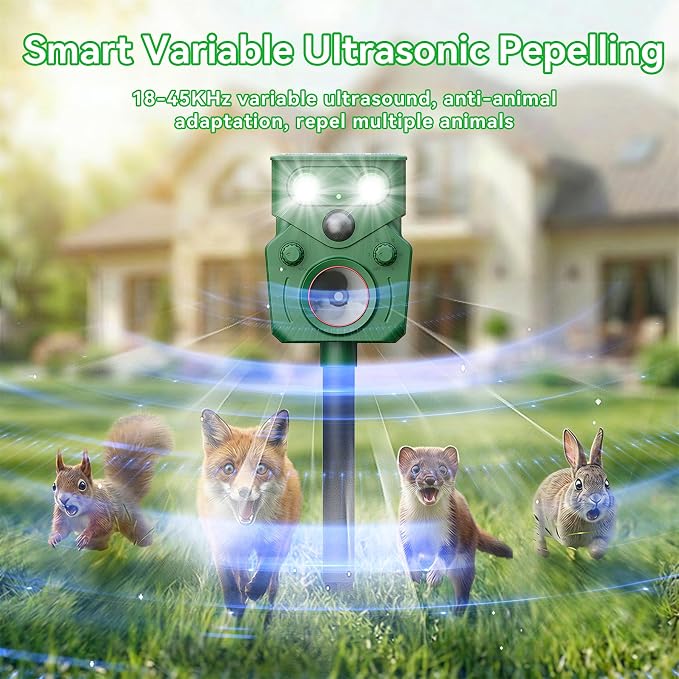 Ultrasonic Animal Repeller Solar Powered Ultrasonic Deer Repeller Motion Sensor Cat Deterrent 2 Pack Fox Squirrel Dog Deterrent Device with 5 Modes and Flashing Lights Outdoors Yard Lawn Farm Garden