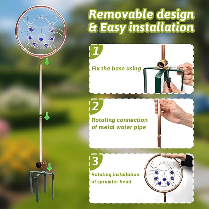 34" Tall Copper-Coated Stainless Steel Garden Sprinkler, 360° Rotating Decorative Ornamental Sprinkler for Lawn, Yard & Landscape Watering (Ladybug)