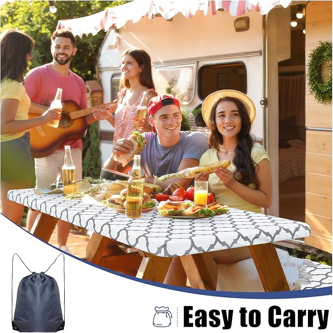 Smiry Picnic Table Cover with Bench Covers, Waterproof Elastic Fitted Tablecloth for 5 Foot Tables, Washable Polyester Tablecloths for Camping, Indoor & Outdoor (White, 30x60 Inch 3-pc Set)