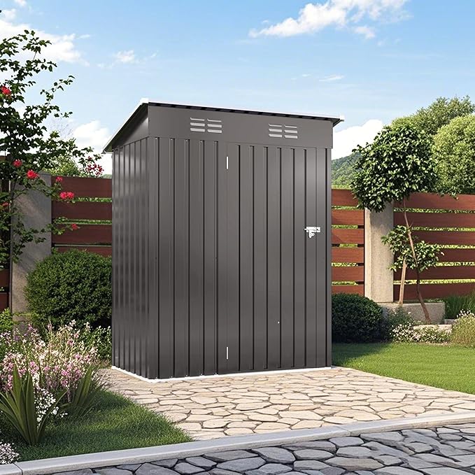 5x3FT Metal Storage Shed Outdoor Garden Tool Shed, Galvanized Steel Compact Weather Resistant Backyard Organizer, Lockable Utility Storage House for Patio Courtyard Equipment Storage Multi Use