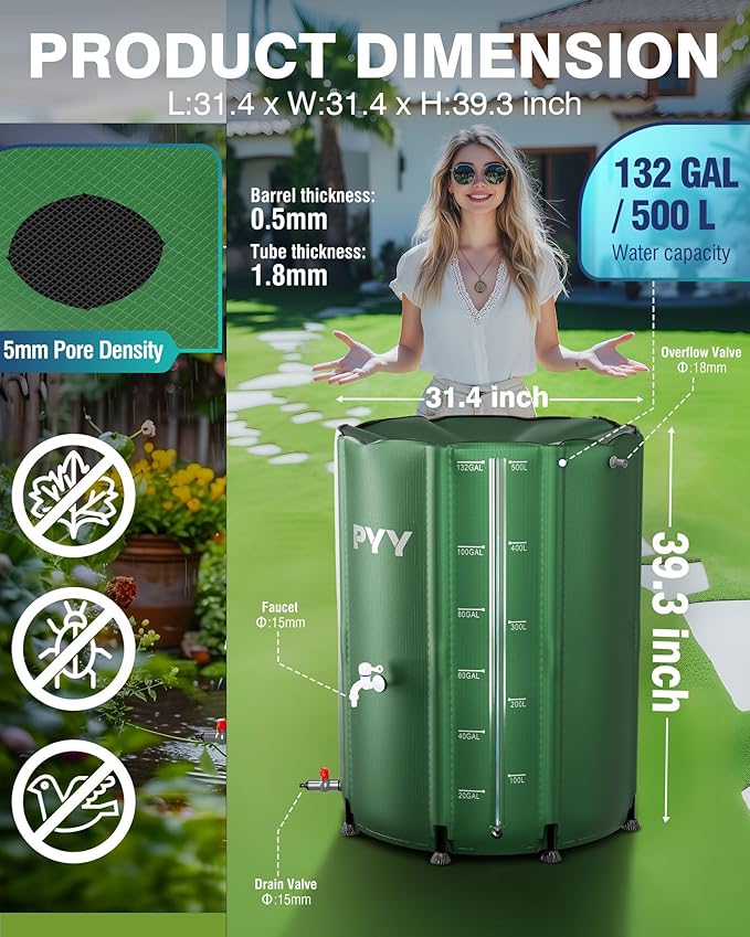 PYY Rain Water Collection Barrel 132 Gallon - Water Storage Tank with Spigots, Hose and Portable Bucket, Large Plastic Collapsible Rain Catcher Catchment System to Collect Rainwater from Gutter