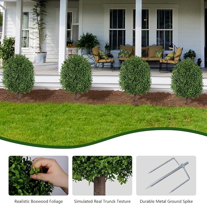 INSPRING Artificial Boxwood Topiary Trees Outdoor Fake Bushes Plants UV Resistant Evergreen Shrubs with Metal Ground Spike for Porch Patio Garden, 1 Pack