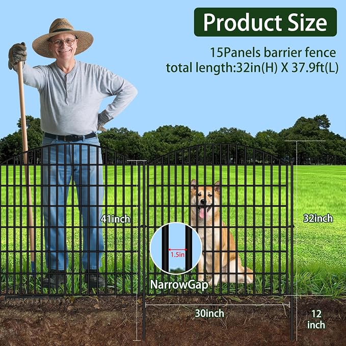 ULIOK 15 Panels Decorative Garden Fence, 32 in(H) X 37.9ft(L) No Dig Fence Panels Animal Barrier for Patio, Animal Ground Stakes Fencing for Garden, Rabbit Dog Temporary Fence for Outdoor Yard