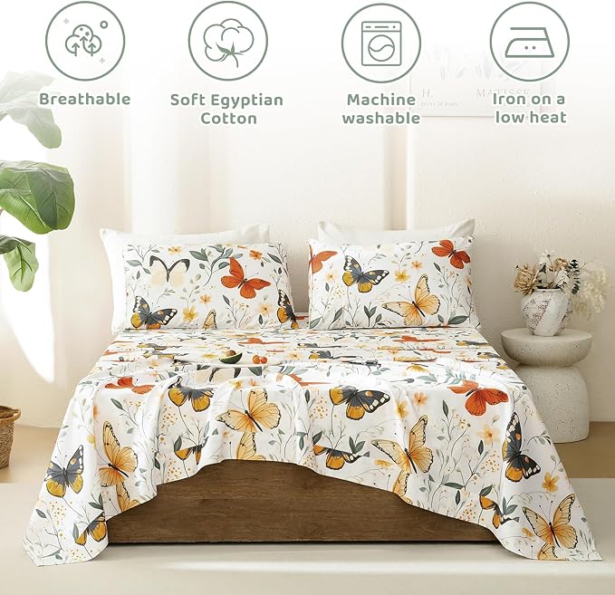 QSH Green Floral Sheets Queen Size,100% Egyptian Cotton Sheets Queen Rosemary Flowers Butterfly Botanical Pattern Printed Bedding Sheet Extra Soft and Breathable 17.5" Deep Pockets Bed Sheet 4PCs