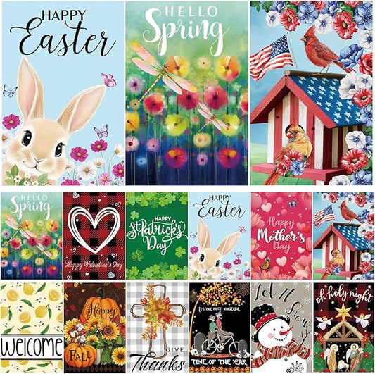 Seasonal Garden Flags Set of 12 Double Sided 12 x 18 Inch Yard Flag, Small Garden Flags for Outside, Christmas Halloween Easter Valentine's Day, Spring Summer Fall Winter Holiday Decor for All Seasons