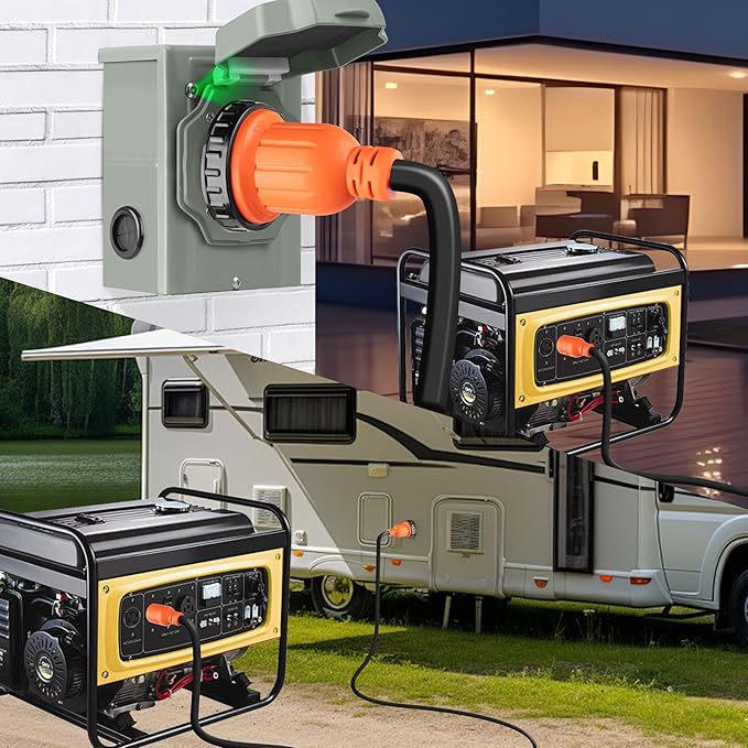 25 FT 4 Prong 30 Amp Generator Cord and Power Inlet Box, NEMA L14-30P to L14-30R Generator Cord Waterproof Combo Kit, 125/250V 7500W 10 AWG SJTW Generator to House Hookup Kit