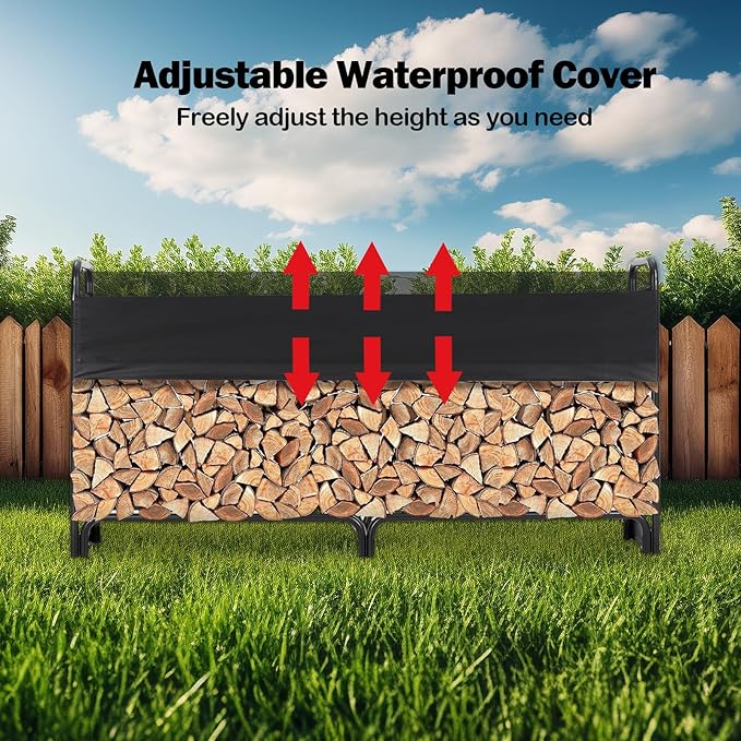 PeakPursuit 8FT Firewood Rack Outdoor with Waterproof Cove, Heavy Duty Logs Holder for Indoor Fireplace Metal Wood Pile Storage Stacker Organizer, Black