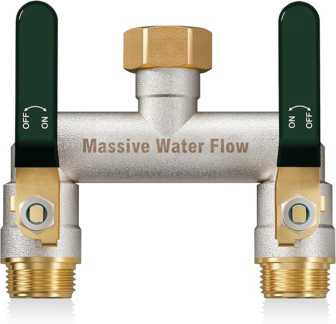 Hose Splitter 2 Way Heavy Duty, Garden Hose Splitter with 304 Stainless Steel Long Handle, Full Flow Brass Nickel Plated Water Hose T Spigot Splitter Adapter Connector, 3/4 - Inch GHT Thread (Green)