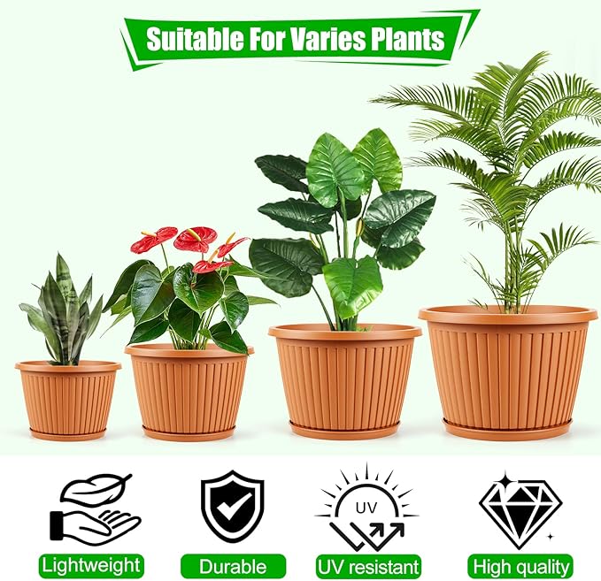 Large-Planter-Indoor-Outdoor Plant Pots, 14 inch 4 Pack Plastic Flower Pots with Saucer And Drainage Holes, Modern Garden Planters For Planting Medium Large Plants, Decorative Resin Garden Pots
