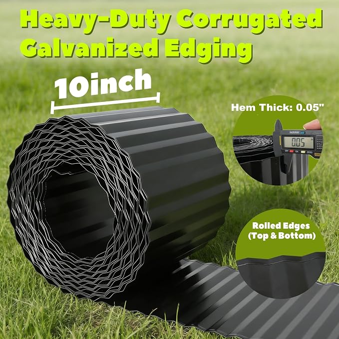 A ANLEOLIFE 40FT Galvanized Steel Landscape Edging Roll, 10" Tall Sturdy Flexible Corrugated Metal Lawn Border for Garden, Pathway & Flower Beds, Black