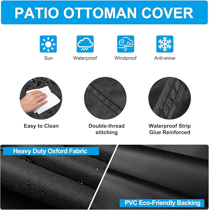Patio Ottoman Cover Waterproof, 28.3 x 28.3 x 16.9 inch Rectangular Outdoor Side Table Cover, Durable Outdoor Furniture Cover, Black