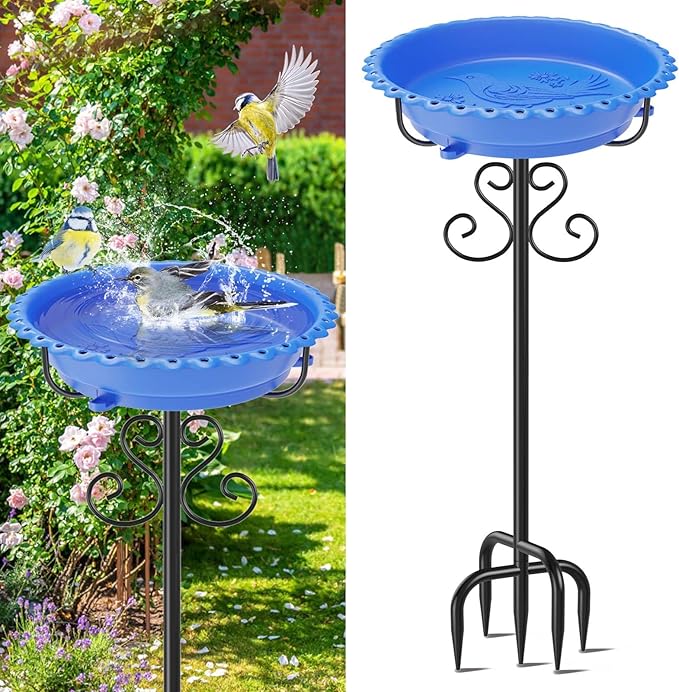Bird Bath for Outside,40In Vintage Freestanding Bird Feeder Birdbaths for Outdoors, Bird Bath Detachable Plastic Bowl for Garden Patio Yard Lawn Decor, 5-Pronged Base & Easy to Clean (Blue)