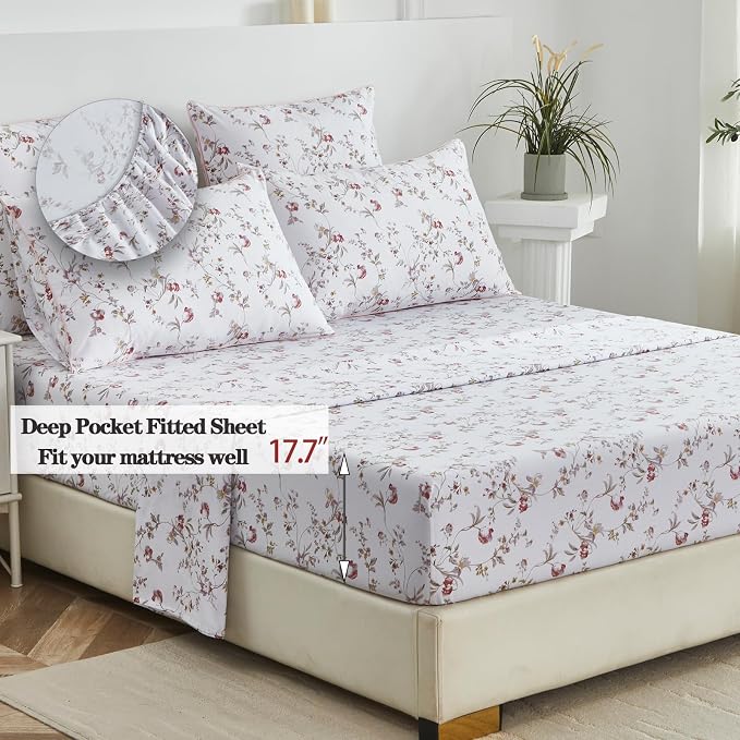 FADFAY Sheets Set King Rustic Pink Floral Botanical Bedding Set Luxury 100% Egyptian Cotton Bed Sheet Set Soft Breathable for All Season Bedoom Decor with 17.7 Deep Pocket Fitted Sheet, King Size