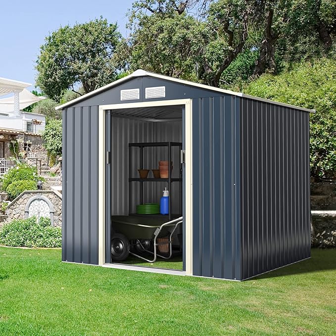 Goplus Storage Shed, Metal 7' X 6' Outdoor Building Organizer with 4 Vents & Double Sliding Door for Garden Backyard Farm (7'X6')