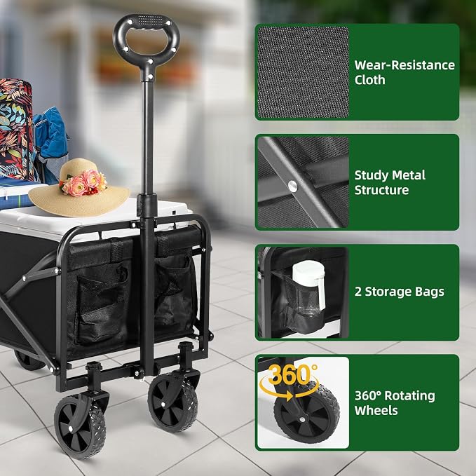 Collapsible Wagon Cart Foldable, Utility Pull Wagon, Portable Camp Garden Cart for Grocery, Camping, Shopping, Sports, Garden with Large Capacity