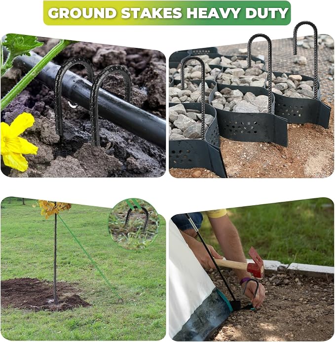 Homwin Ground Stakes 12 inches 18-Pack J Hook Rebar Stakes 5/16" Diameter Tent Stakes Heavy Duty Metal Stakes for Outdoor Decorations, Yard Inflatables and Chain Link Fence
