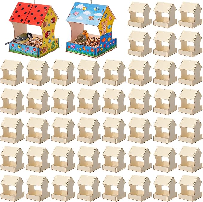 DoubleFill 48 Pack Wooden Bird Feeder Kits, DIY Bird House Kits, Build and Paint Craft for Adults, Unfinished Birdhouse Wood Craft for Educational Fun Art Outdoor Activities Gift