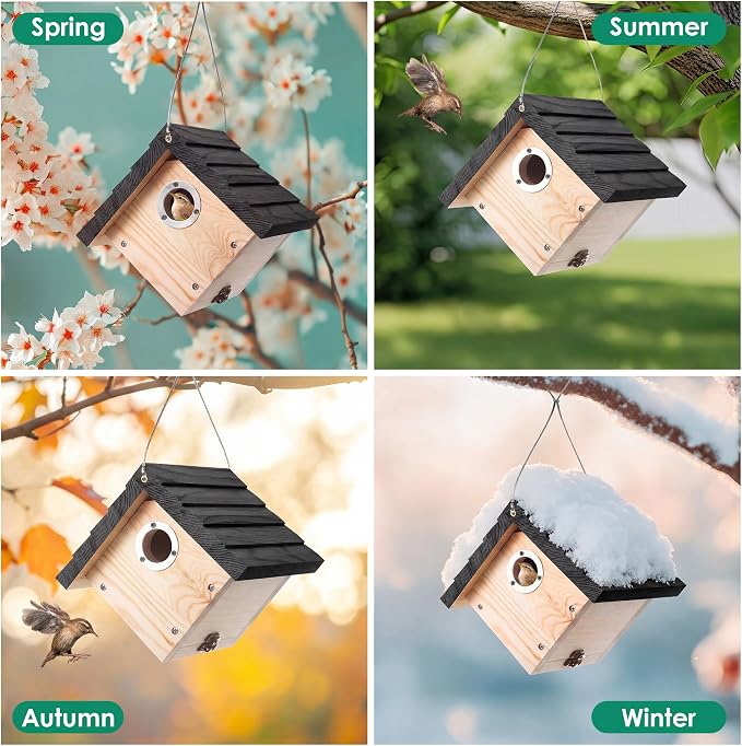 Dreyoo 8 Pack Wren House, 1-1/8'' Entrance Hole Hanging Wooden Wren Bird Houses for Outside with Metal Guard, Air Vents, Pine Wood for Chickadees (Black,Wood Color)