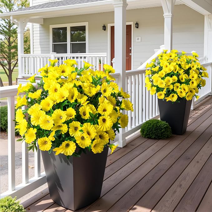 Yellow Artificial Morning Glory Flowers for Outdoor Planters, Premium UV Resistant Silk Faux Flowers for Porch, Hanging Basket & Window Box, Spring Garden Decor, No Pot, 13.3 Inch, 8 Bundles