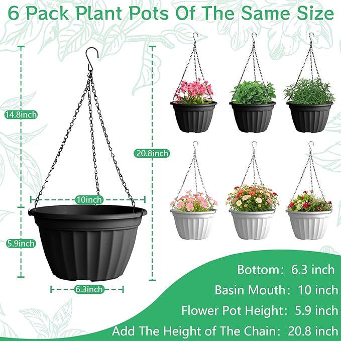 FGstyle Outdoor Plastic Hanging Pot 6 Pcs 10 inch Black and White