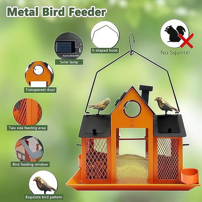 Solar Bird Feeders House for Outside Hanging, Metal Wild Bird Feeder for Outdoors Large Capacity Cardinal Birdfeeder Birdhouses Metal Bird Feeding Station Orange