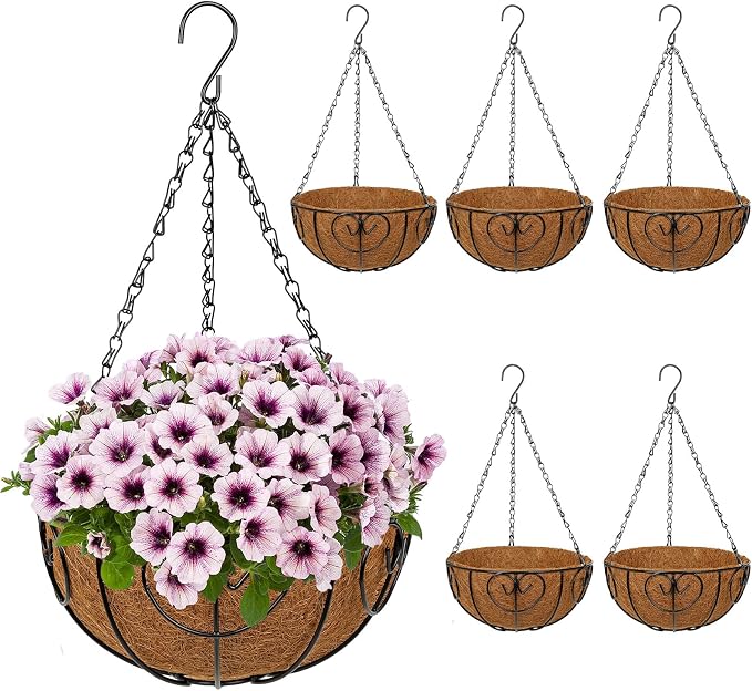 10 inch Metal Hanging Baskets for Plants Outdoor, 6 Pack Metal Wire Hanging Basket Planter with Coco Liner Flower Pots for Indoor Outdoor Garden Porch Patio, Heart-Shaped