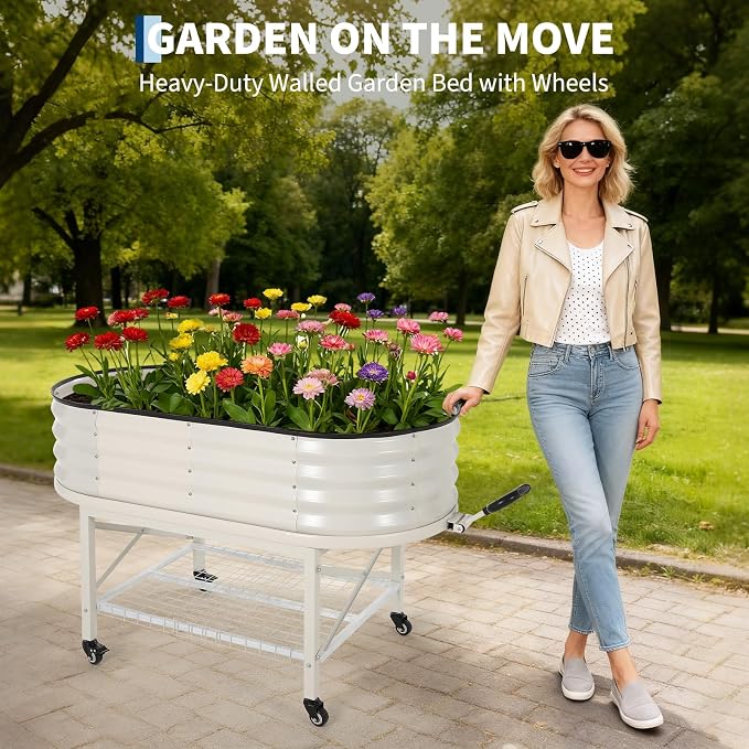 Garvee Galvanized Raised Garden Bed Large Oval Kit with Cover Zippered Screen Doors, Open Base Design, Thick Steel, Easy Assembly, Planter Box for Vegetables, Flowers (White, 4x2x1 ft)