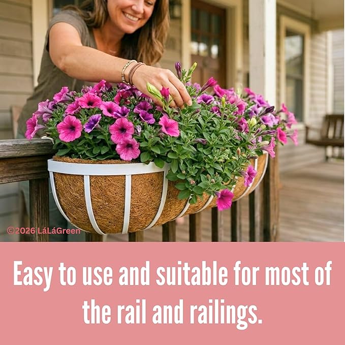 LaLaGreen Deck Railing Planter Boxes (2 Pack, 48 Inch) White Metal Rectangular Window Flower Box with Coco Liner, Wall Hanging Planters for Outdoor Plants Rail Fence Balcony Patio Porch Garden Decor