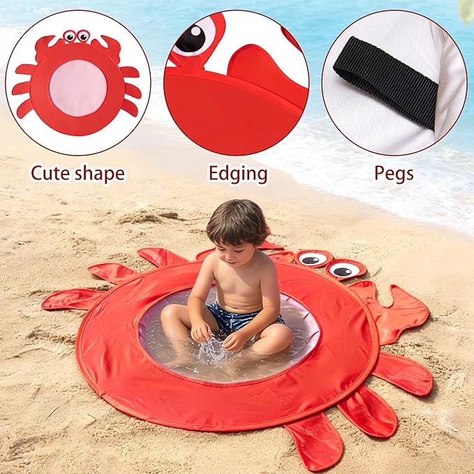 RunNico Pop Up Beach Pool, Portable Toddler Beach Pit with Water Bag and Storage Bag, Cute Shape Beach Pool Puddle for Outdoor Summer Beach Camping Traveling Vacation (Crab)