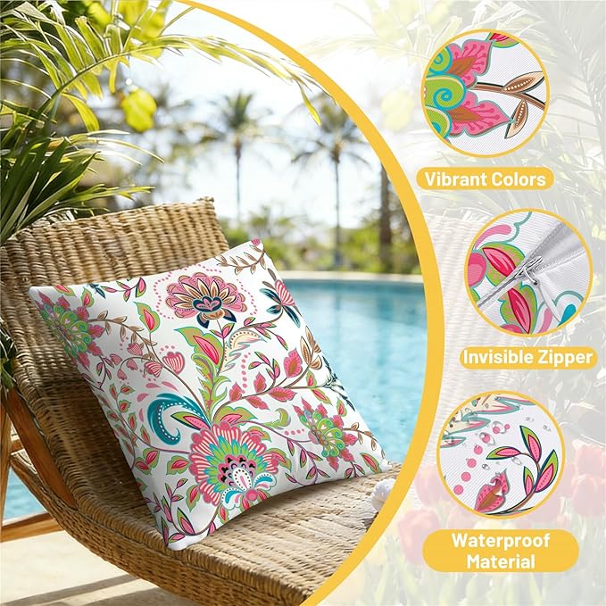NIGHTWISH Outdoor Waterproof Pillow Covers 20x20 Set of 4 Spring Summer Floral Boho Decorative Outdoor Throw Pillows Paisley Cushion Cases for Patio Furniture Bench Couch Sunbrella